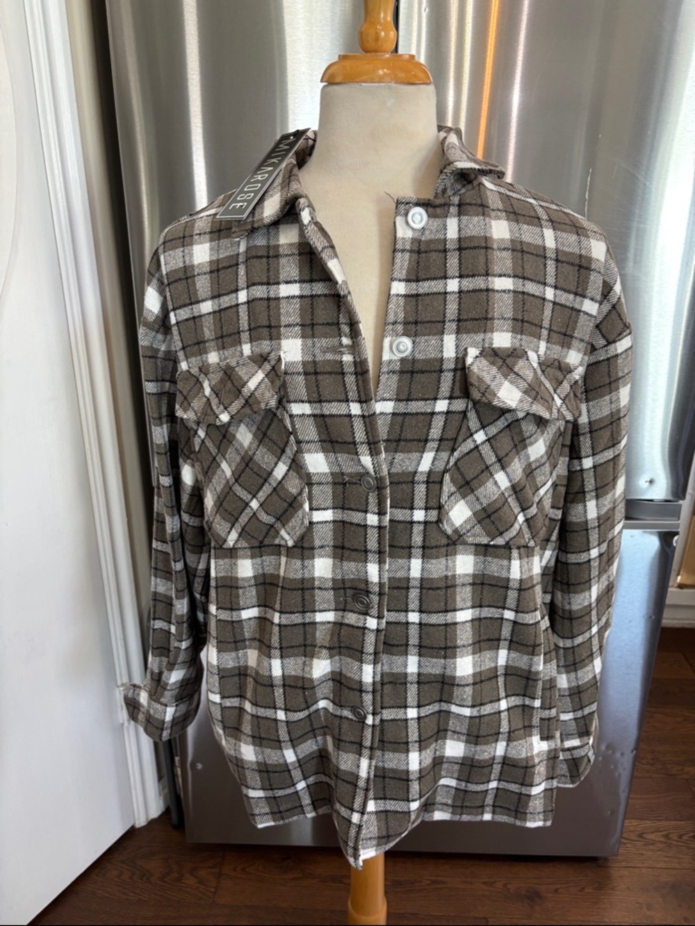 Mikarose Taupe & White Plaid Button-Up Shacket